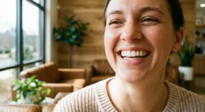 Close-up of a natural, joyful smile showing white teeth in warm natural light at a Charlotte dental office