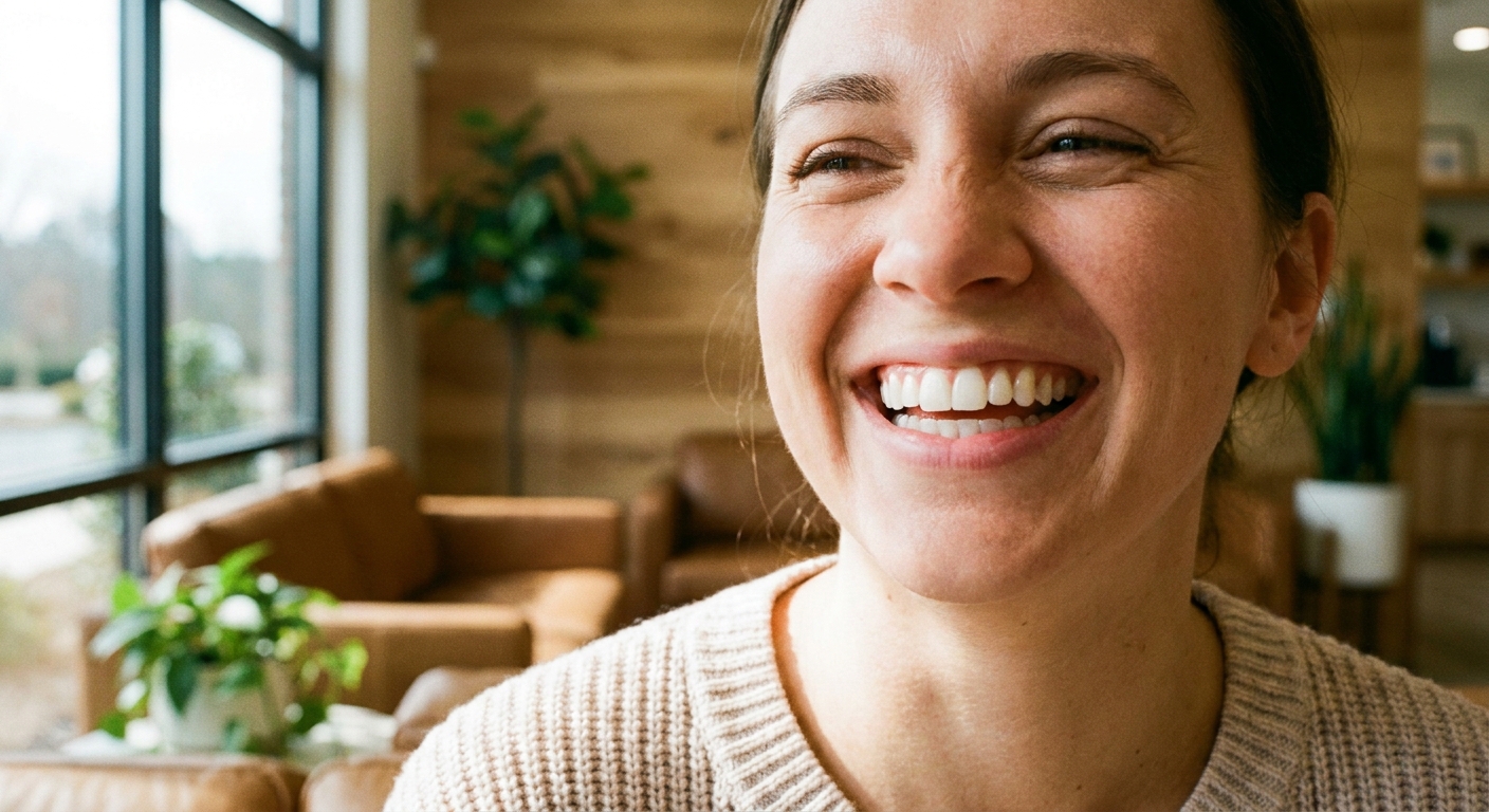 Close-up of a natural, joyful smile showing white teeth in warm natural light at a Charlotte dental office